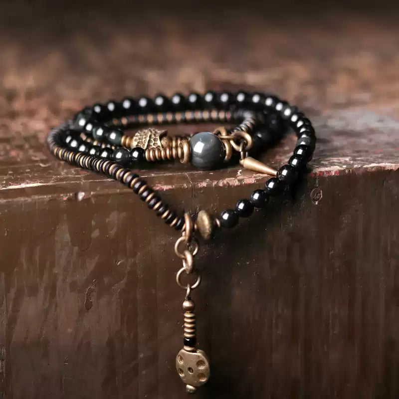 [Eclipse Series] Obsidian Copper Multi-loop Bracelet With Totem