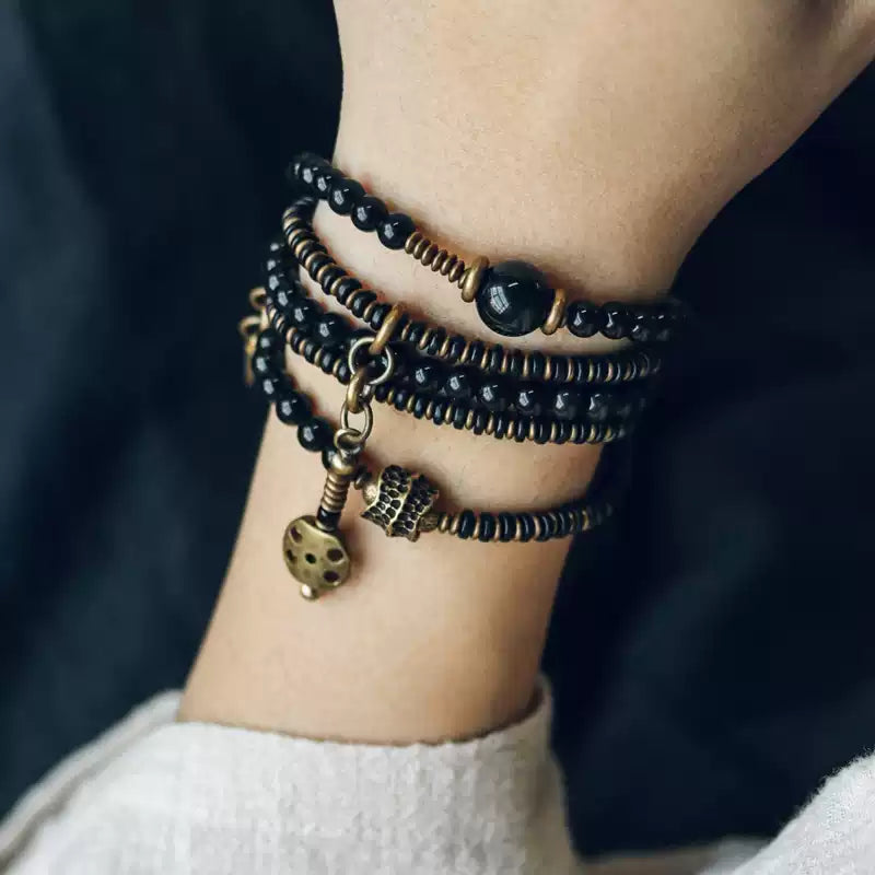 [Eclipse Series] Obsidian Copper Multi-loop Bracelet With Totem
